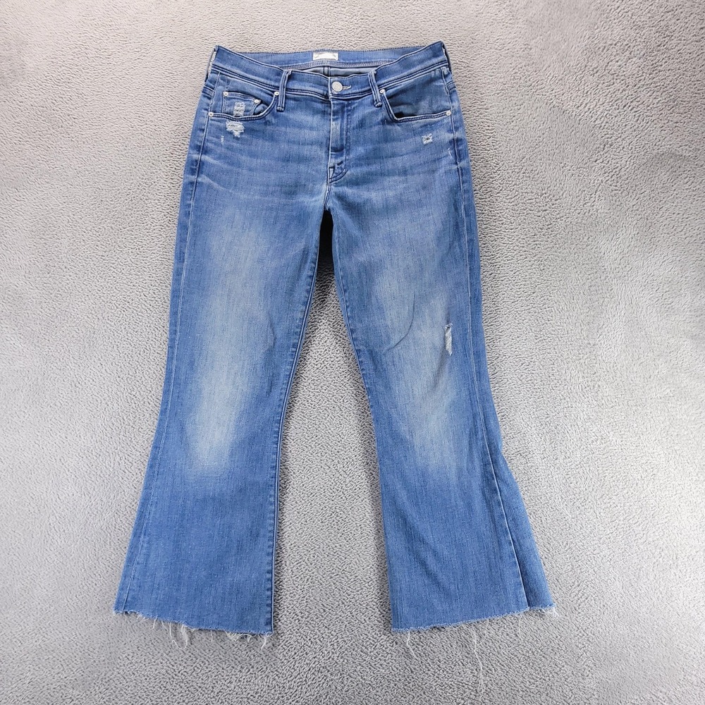 Mother Jeans Womens 28 Blue The Weekender Fray Flare Graffiti Girl Distressed